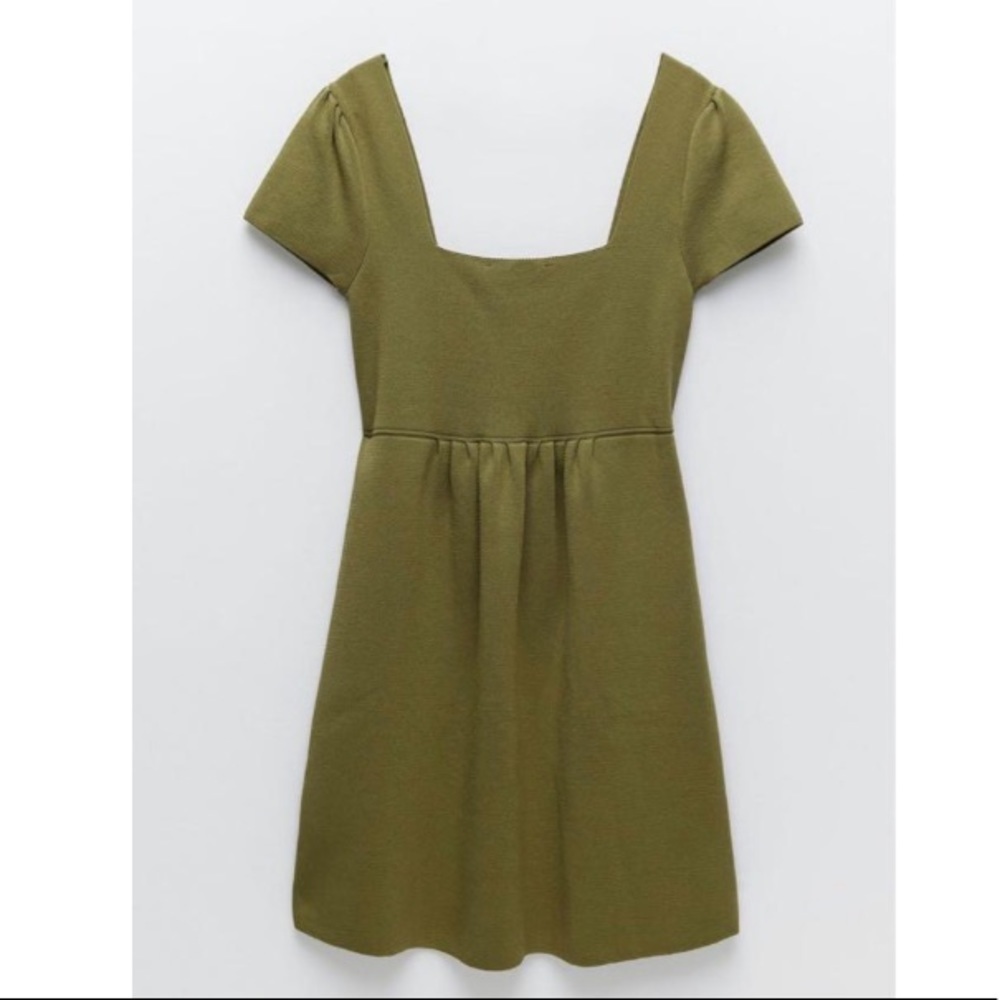 Zara Green Stretchy Knit Square Neck Skater Mini Dress - Picture 6 of 12